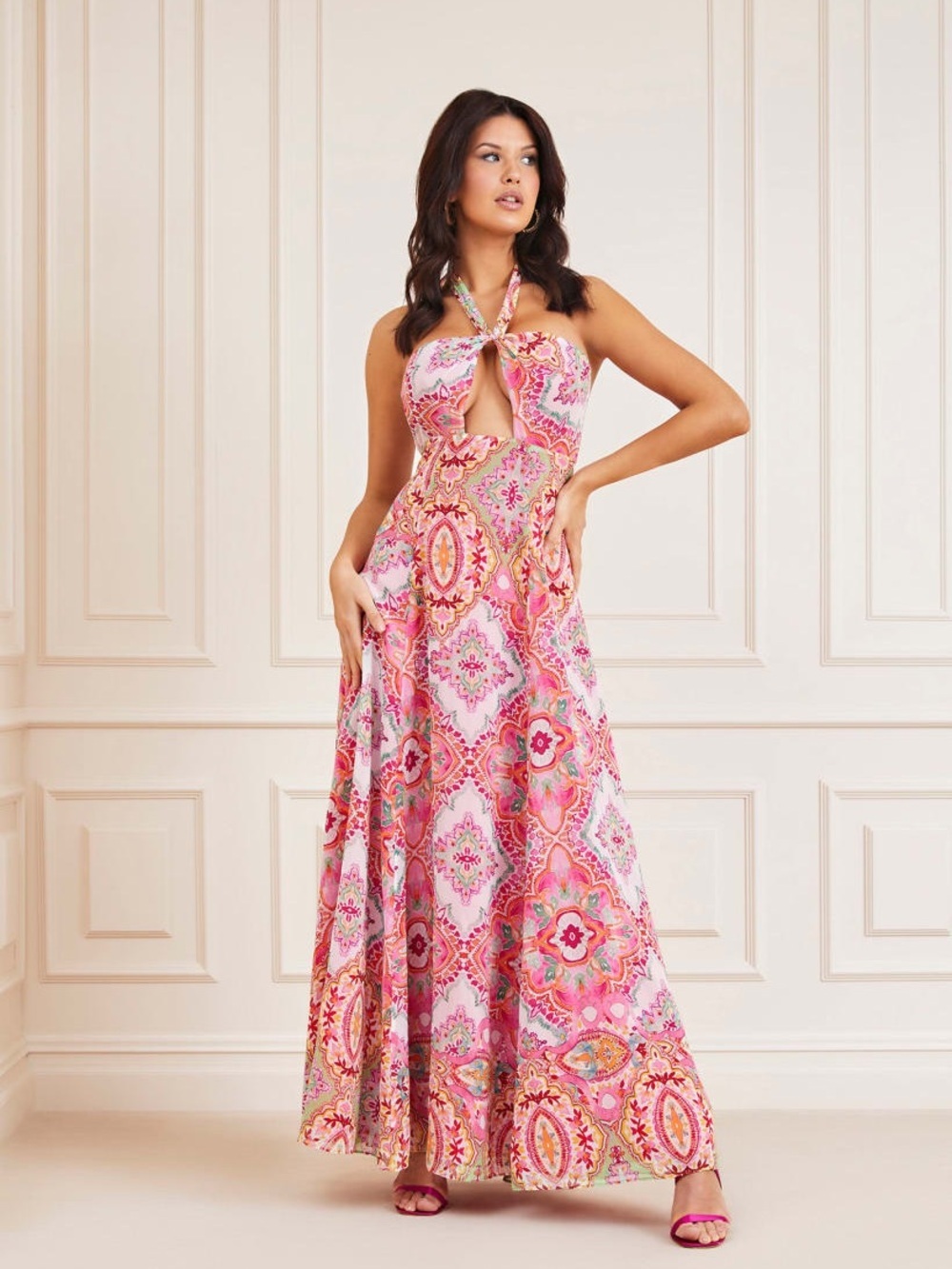 New Guess by Marciano Pink Multi-Print Halter Maxi Dress